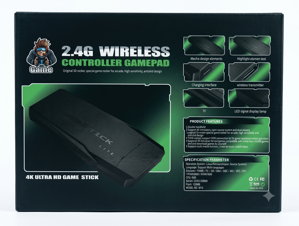 4K Ultra HD Game Stick with 2.4G Wireless Dual Controllers, 10,000+ Games Support