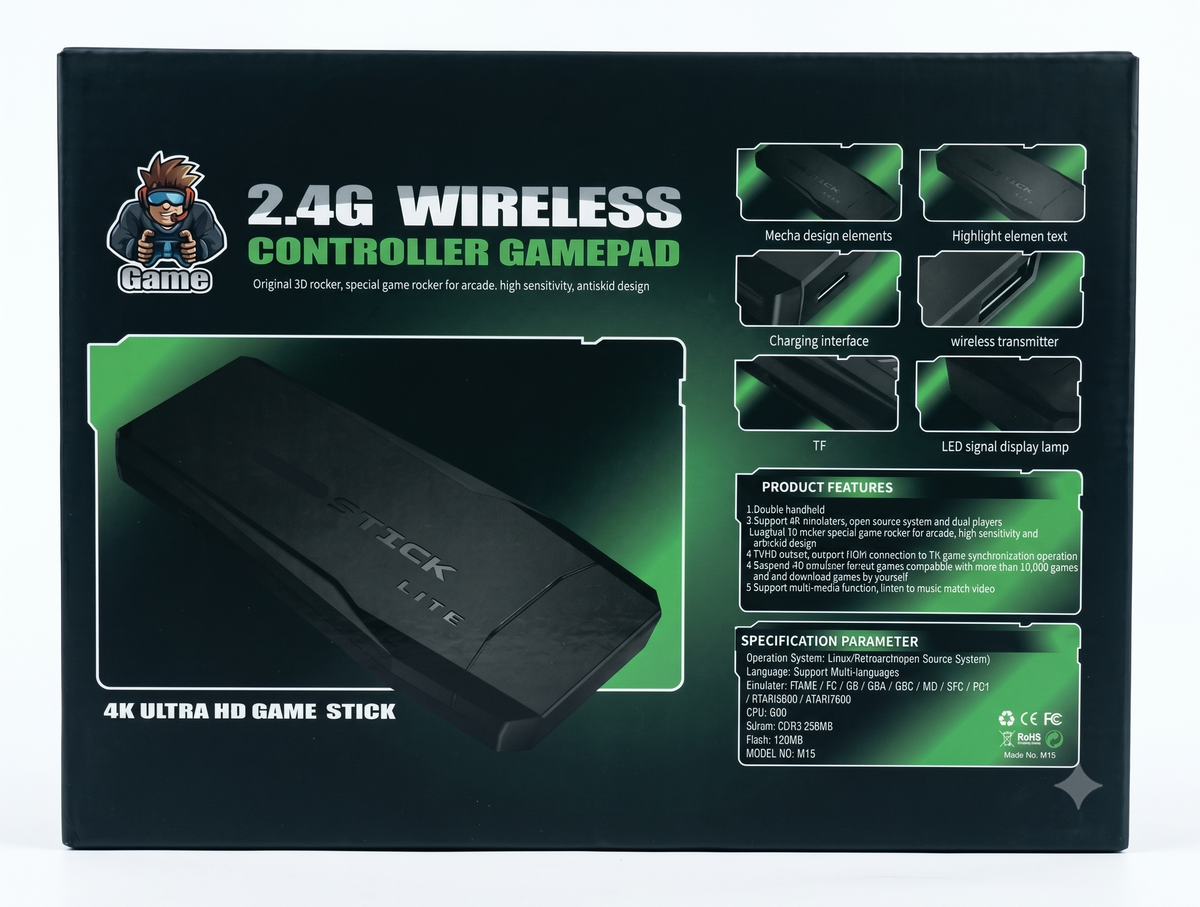 4K Ultra HD Game Stick with 2.4G Wireless Dual Controllers, 10,000+ Games Support