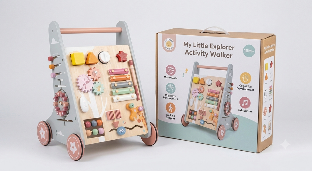 Wooden Baby Walker & Activity Centre - 5-in-1 Educational Push Toy for Toddlers (18+ Months)