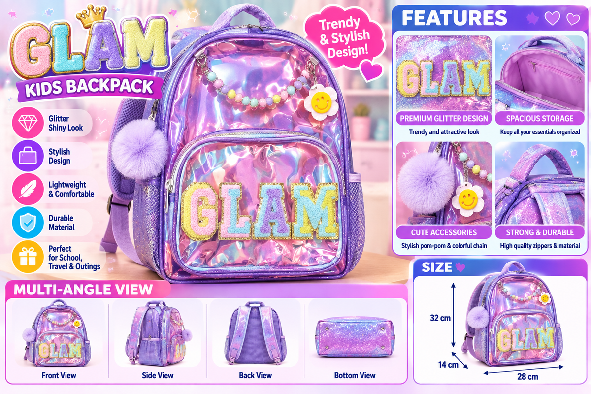 Glam Transparent Kids Backpack | Holographic School Bag with Pom-Pom Charm & Front Pocket