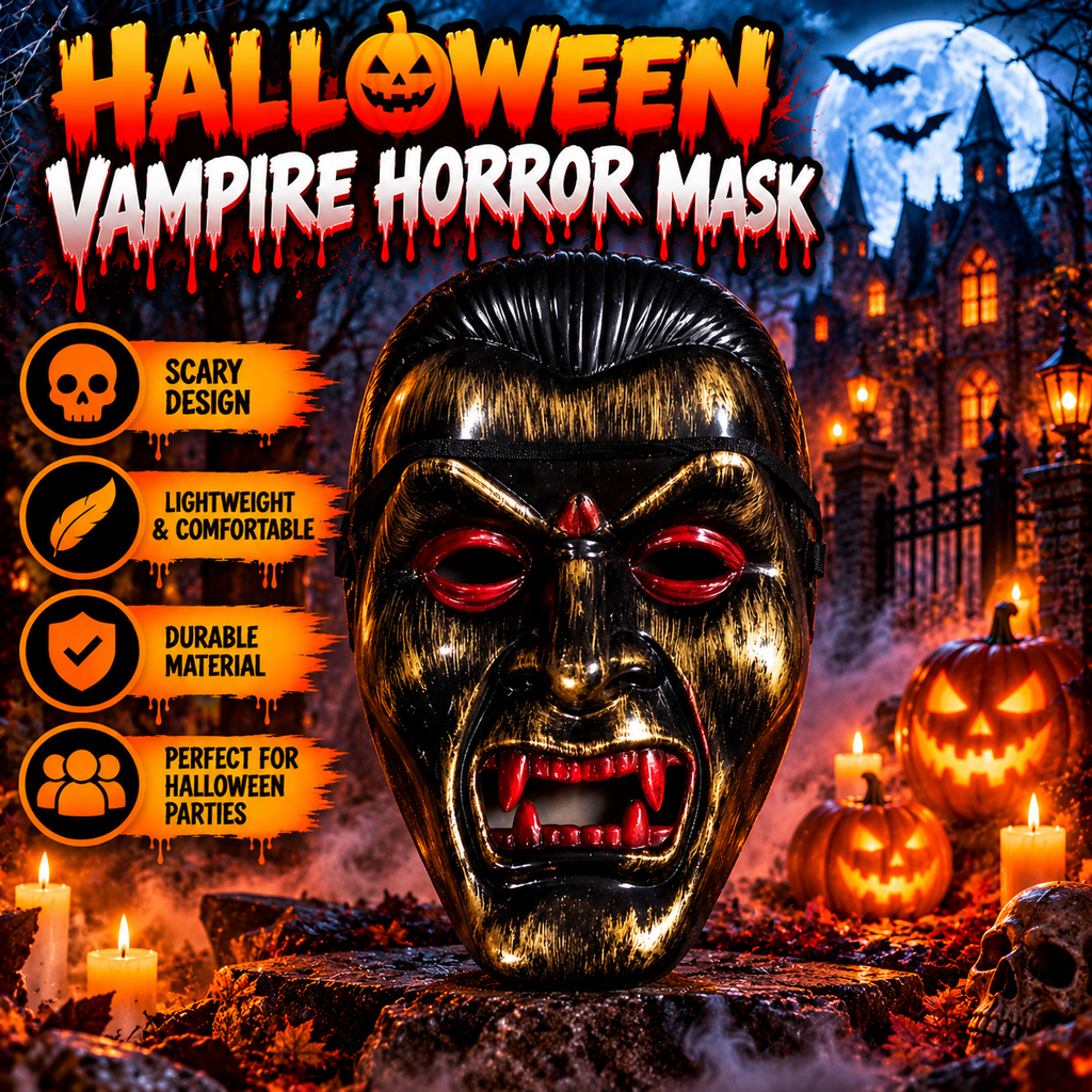 Black & Gold Vampire Halloween Mask with Red Eyes
