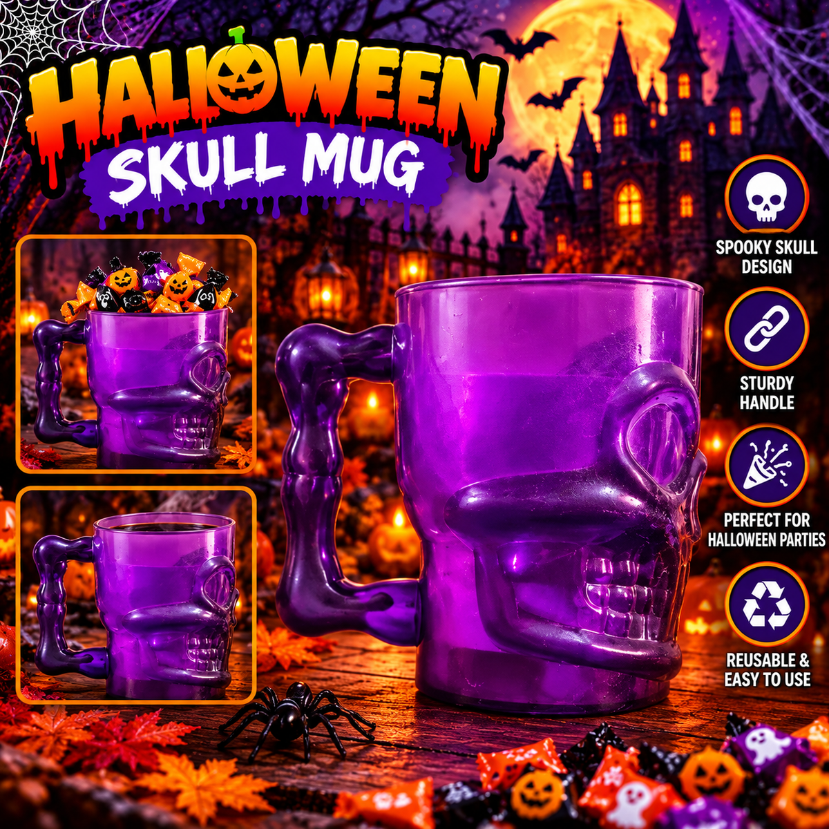 Halloween Skull Mug – Purple Skeleton Face Drinking Cup