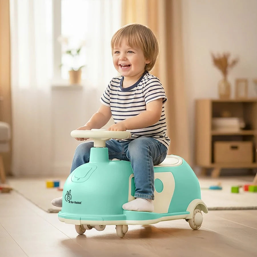 R for Rabbit Iya Iya Caravan 3-in-1 Swing, Push & Pull Ride-On for Kids with PU LED Wheels, ABEC 7 Bearings & Toy Storage – Green Beige