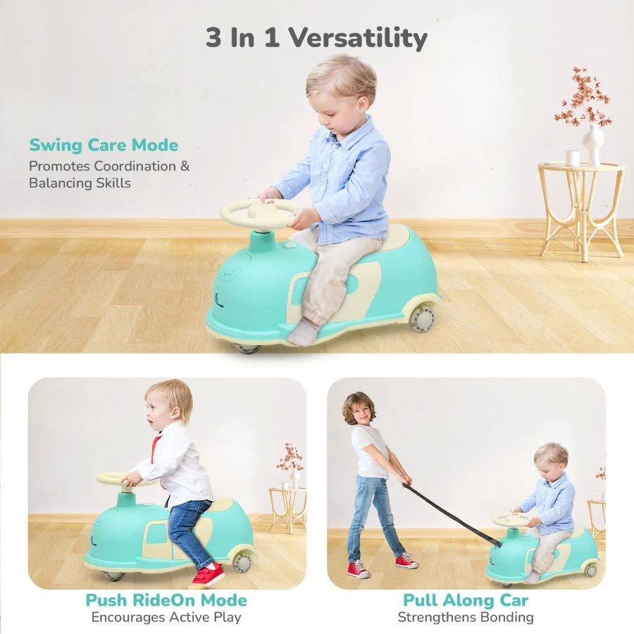R for Rabbit Iya Iya Caravan 3-in-1 Swing, Push & Pull Ride-On for Kids with PU LED Wheels, ABEC 7 Bearings & Toy Storage – Green Beige