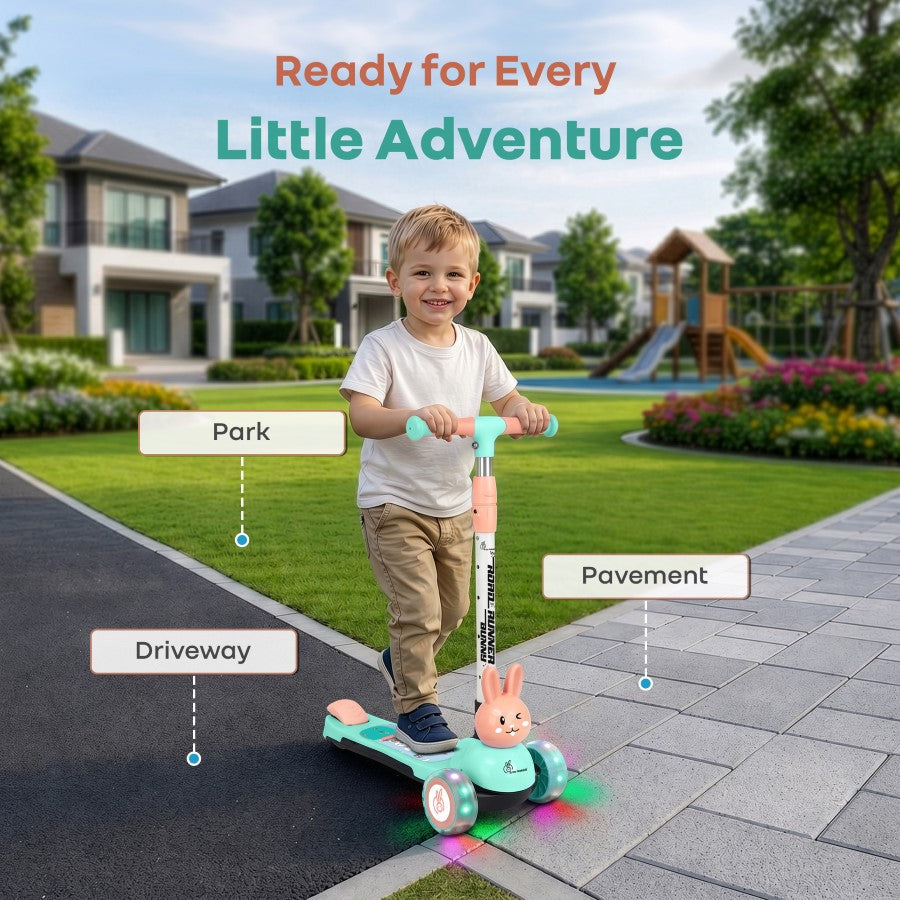 R for Rabbit Road Runner Bunny Scooter For Kids With PU LED Wheels - Green Peach
