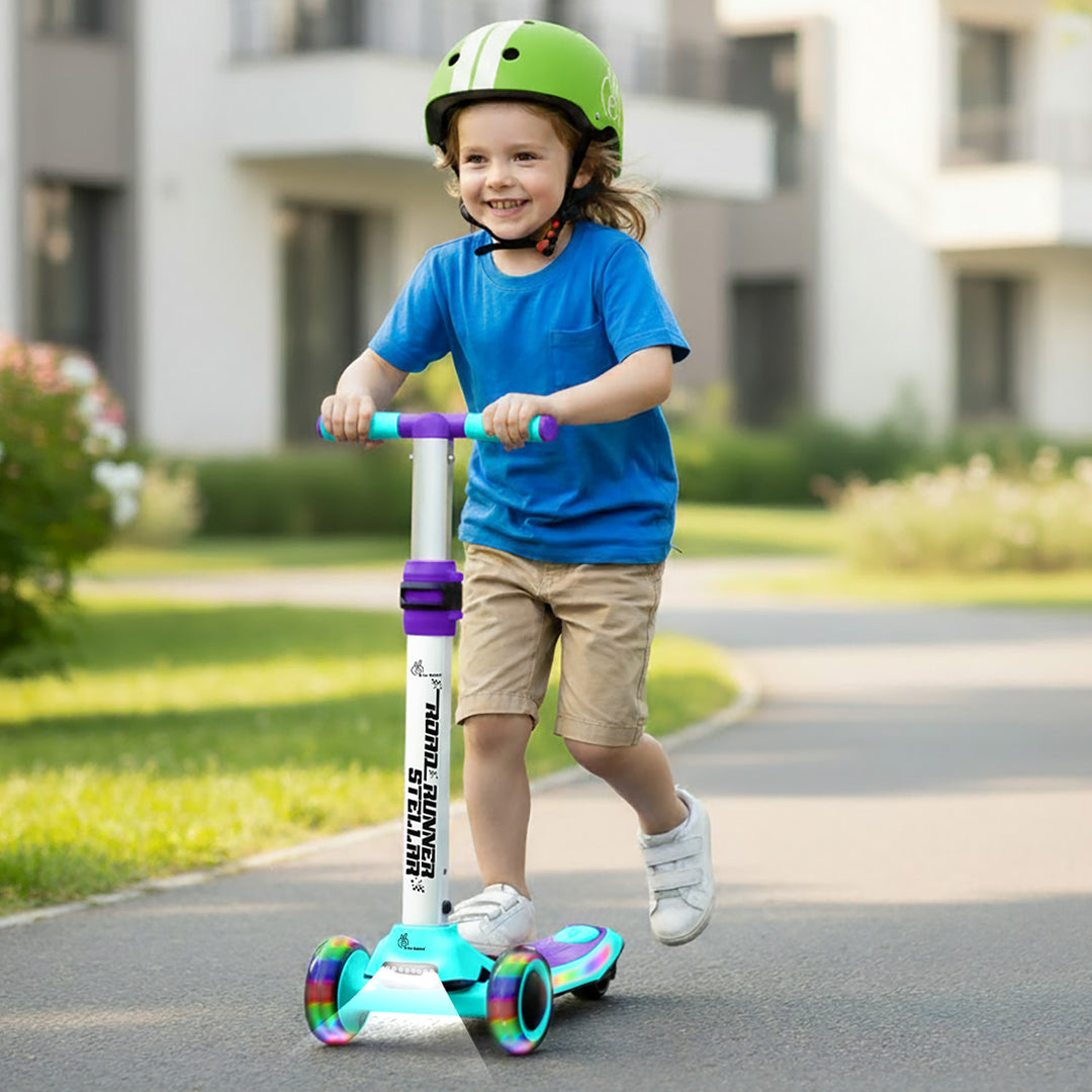 R For Rabbit Road Runner Stellar - LED Scooter for Kids with Bluetooth Music, Adjustable Height & Smooth Ride Green Purple