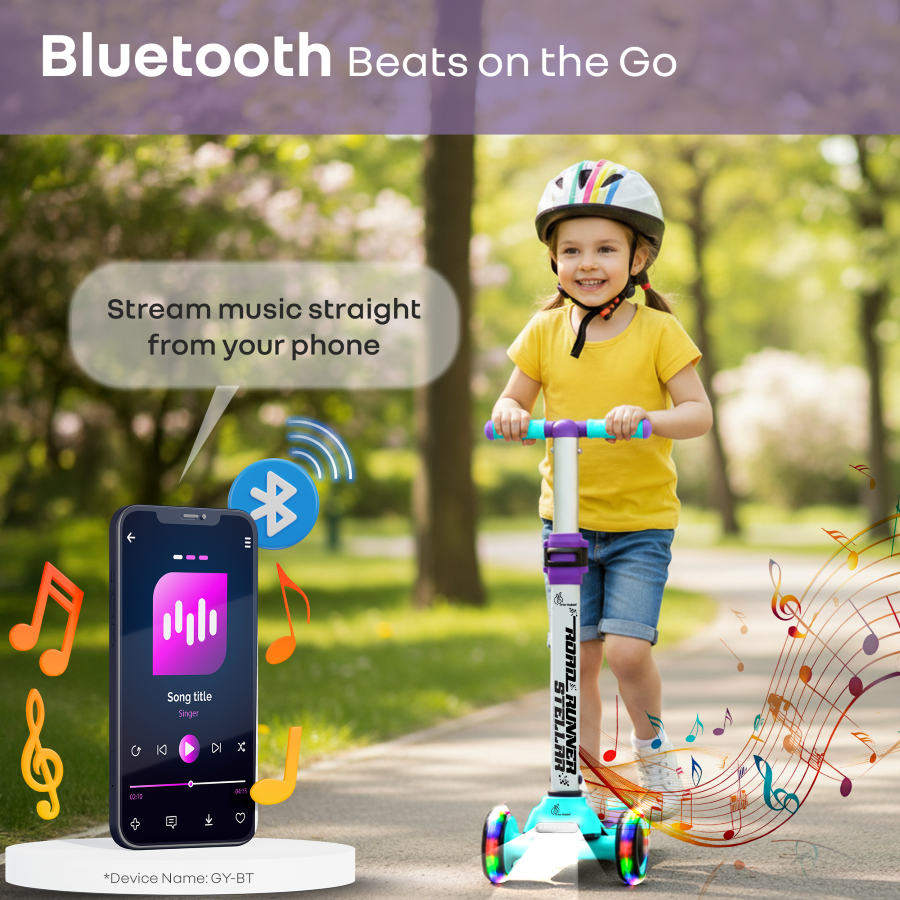 R For Rabbit Road Runner Stellar - LED Scooter for Kids with Bluetooth Music, Adjustable Height & Smooth Ride Green Purple