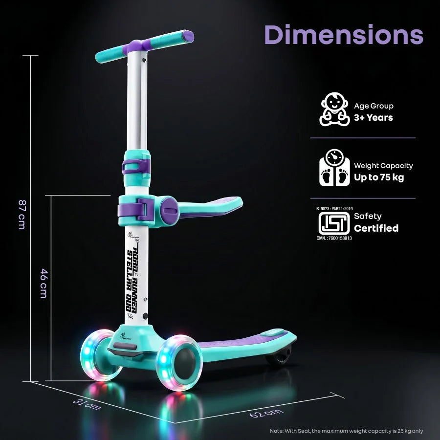 R For Rabbit Road Runner Stellar Duo 2 in 1 Kick Scooter with Attachable Seat Green Purple