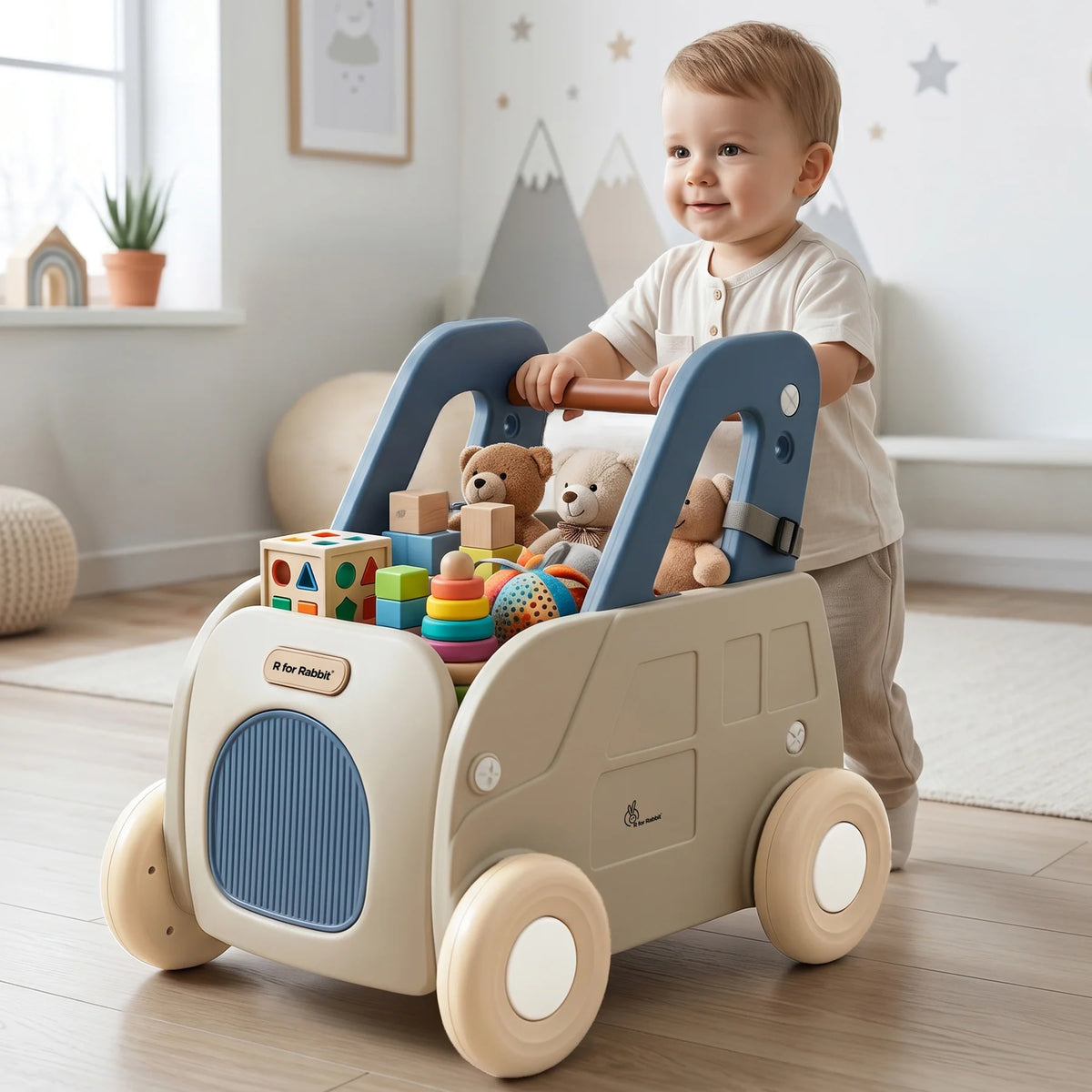 R for Rabbit Kiddie Kart 4-in-1 Kids Toy Storage Cart, Sit & Ride, Push Walker & Pull Along with Adjustable Handlebar – Grey Blue