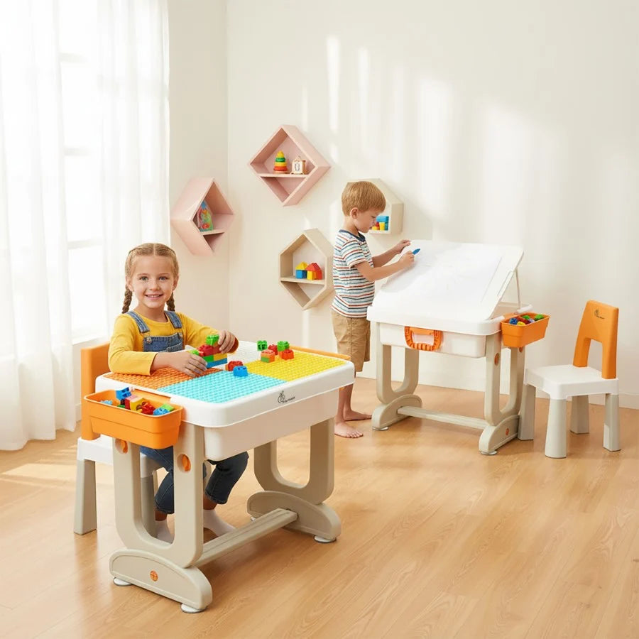 R for Rabbit Little Genius Learner 4-in-1 Multifunctional Study Table & Chair Set for Kids – Grey Multi