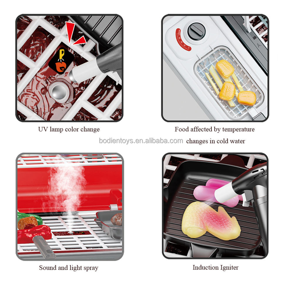Food Allince Kitchen Play Set Plastic Simulation Handcart BBQ Grill with Electric Flat Grills & Spray Real Cooking Playset