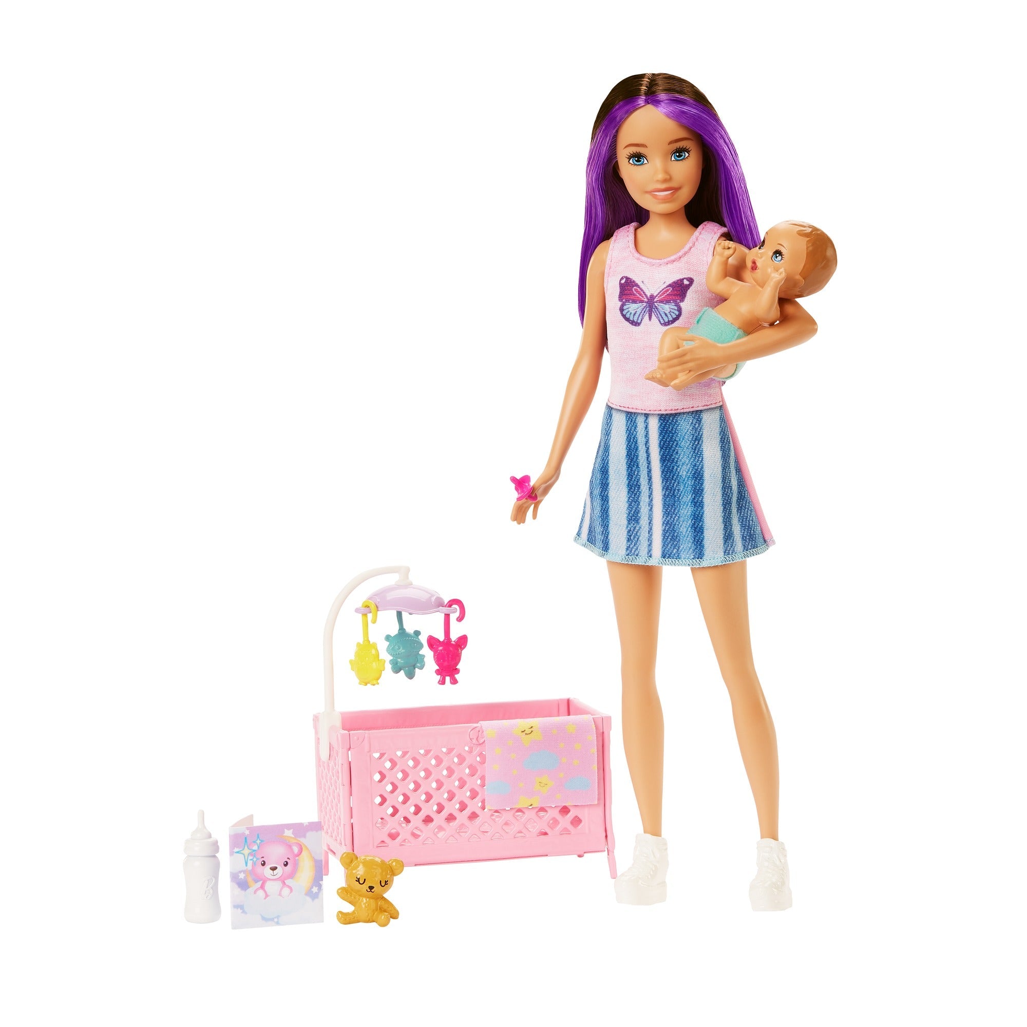 Mattel Barbie Skipper Babysitters Crib Playset with Skipper Doll Baby Doll with Sleepy Eyes, Furniture and Themed Accessories