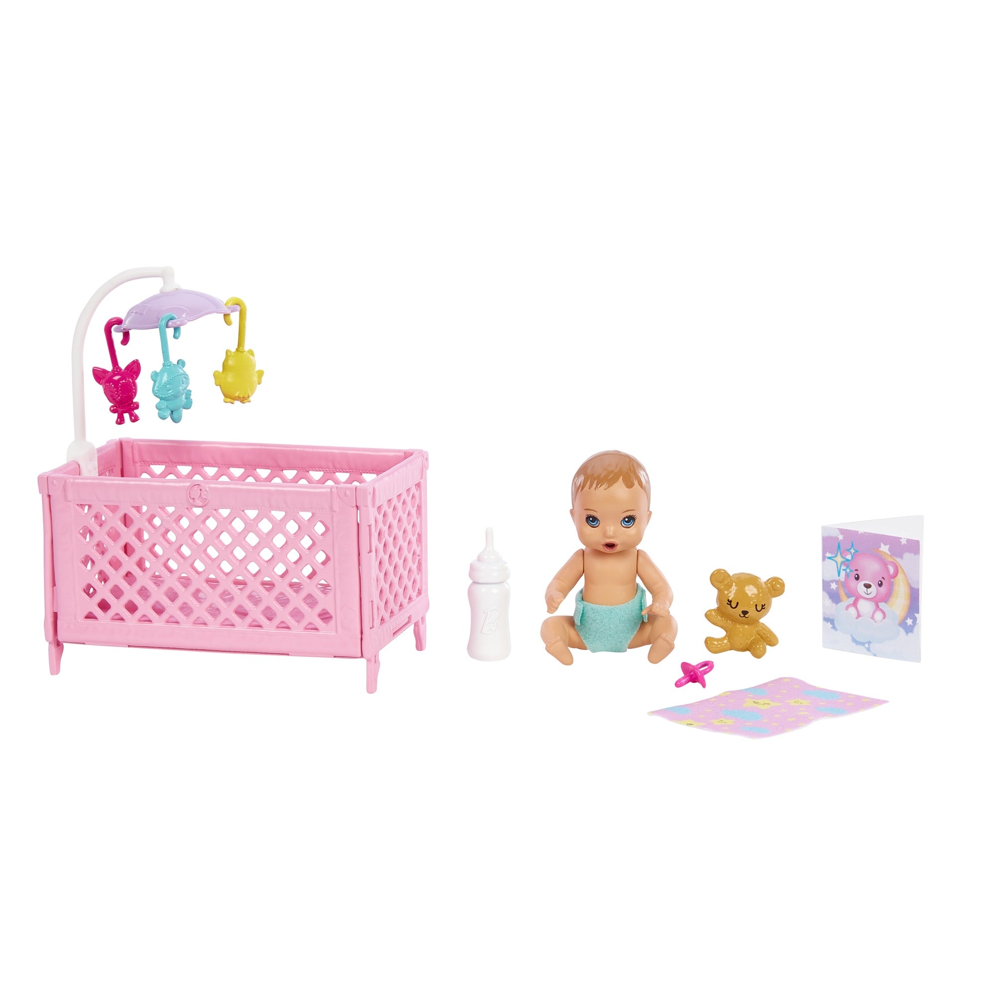 Mattel Barbie Skipper Babysitters Crib Playset with Skipper Doll Baby Doll with Sleepy Eyes, Furniture and Themed Accessories