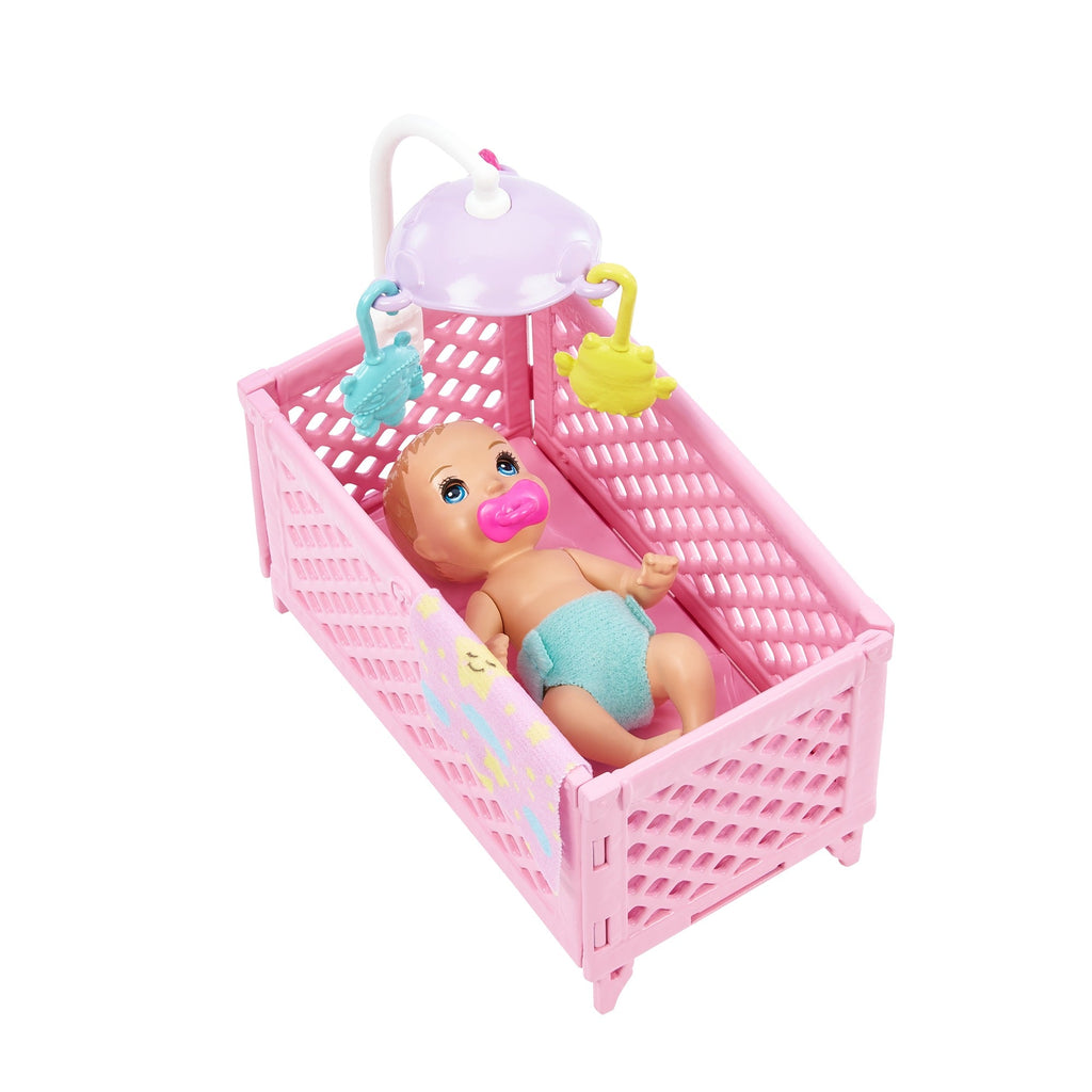 Mattel Barbie Skipper Babysitters Crib Playset with Skipper Doll Baby Doll with Sleepy Eyes, Furniture and Themed Accessories