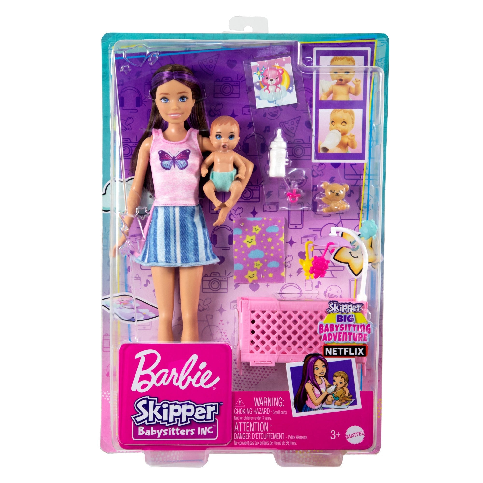 Mattel Barbie Skipper Babysitters Crib Playset with Skipper Doll Baby Doll with Sleepy Eyes, Furniture and Themed Accessories