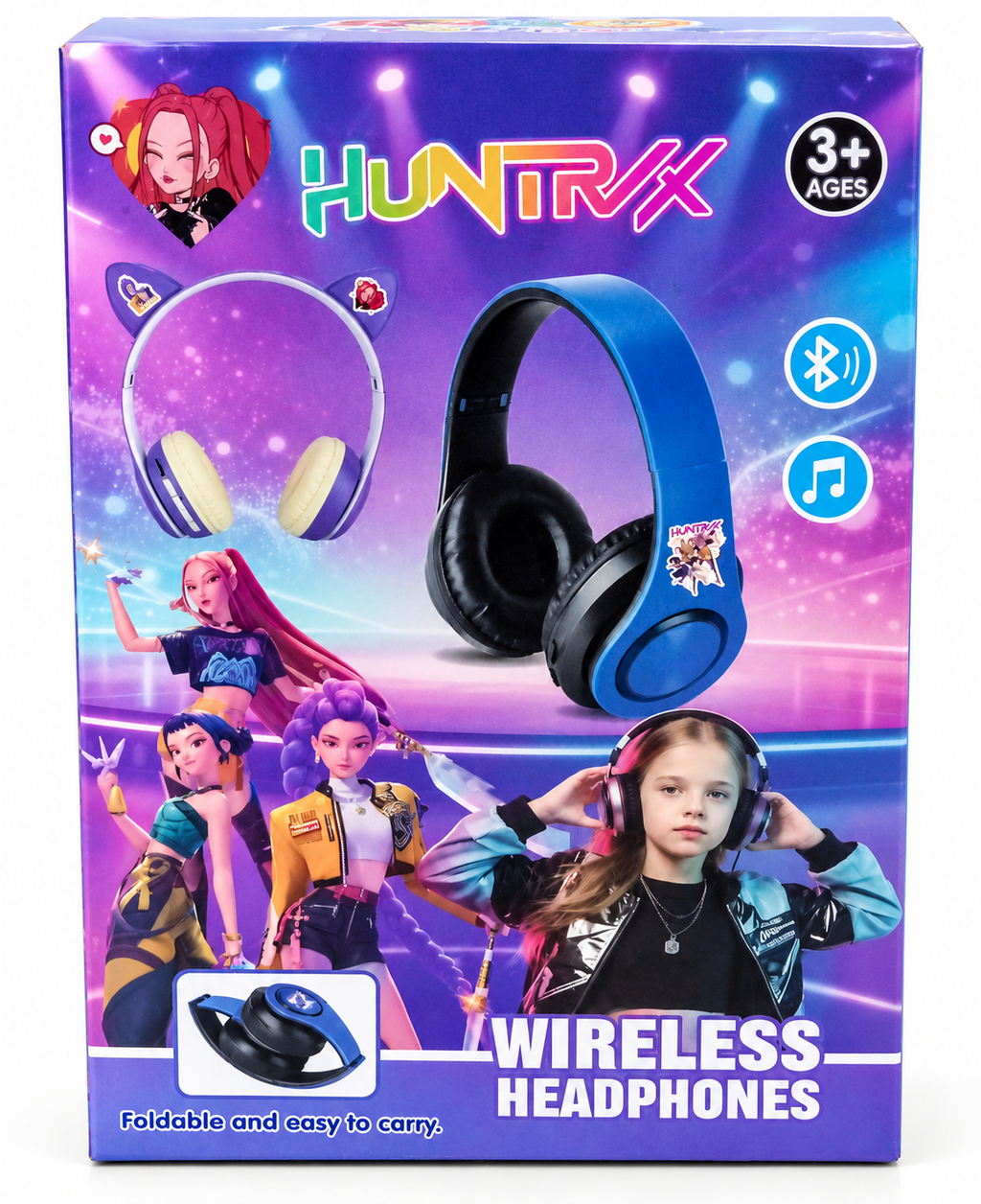 HUNTRIX Wireless Bluetooth Headphones for Kids – Foldable Music Headset, Portable Design, Ages 3+