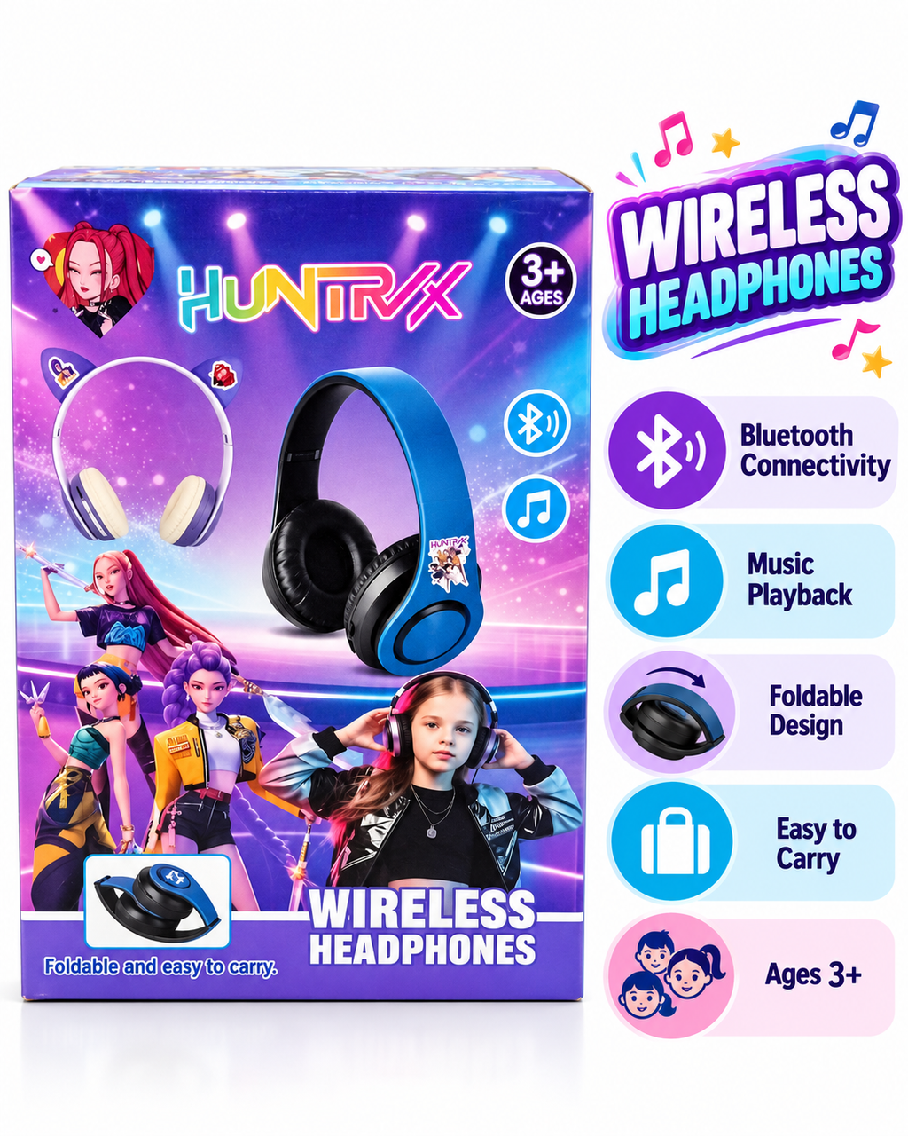 HUNTRIX Wireless Bluetooth Headphones for Kids – Foldable Music Headset, Portable Design, Ages 3+