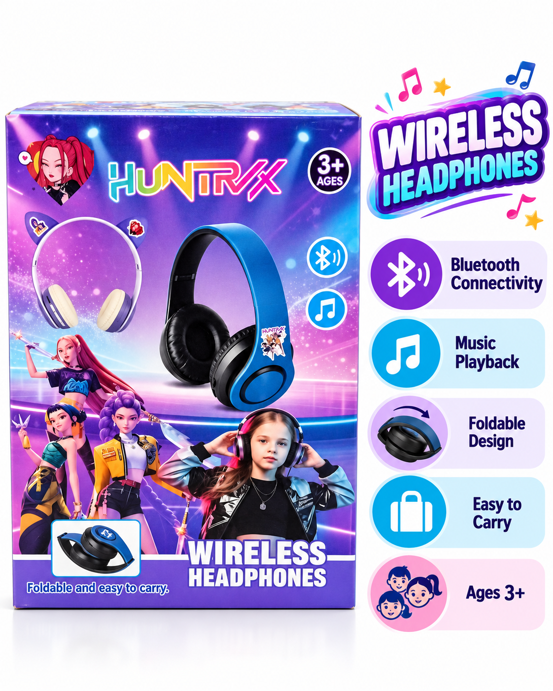 HUNTRIX Wireless Bluetooth Headphones for Kids – Foldable Music Headset, Portable Design, Ages 3+