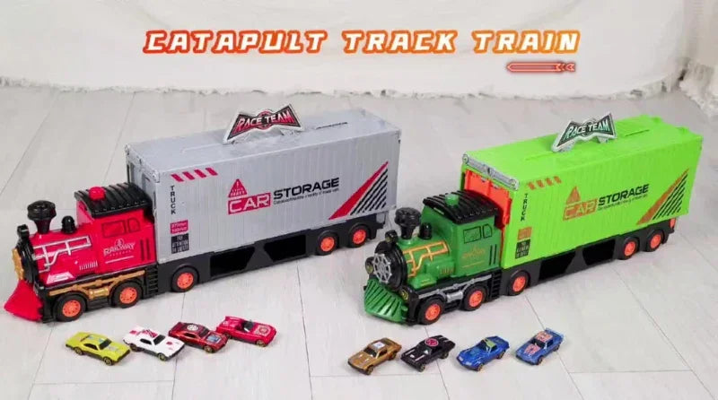 Ejection Car Super Large Foldable Train Car Storage Track Set with 8 Mini Diecast Cars – 2.48M Racing Playset for Kids
