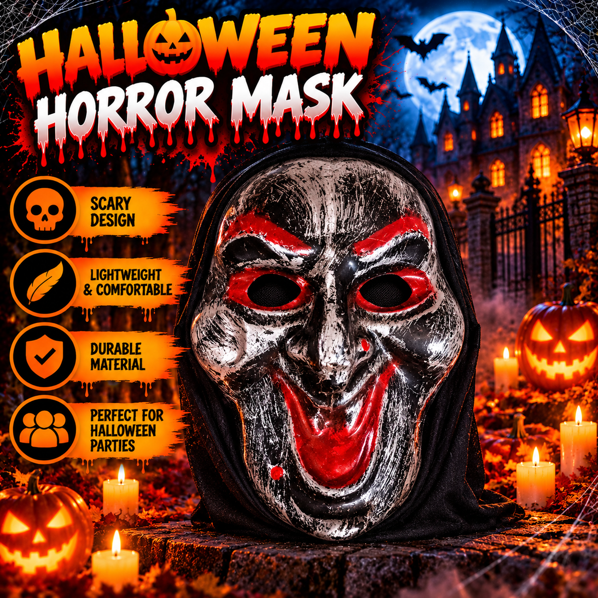 Scary Horror Demon Mask with Red Eyes & Black Hood