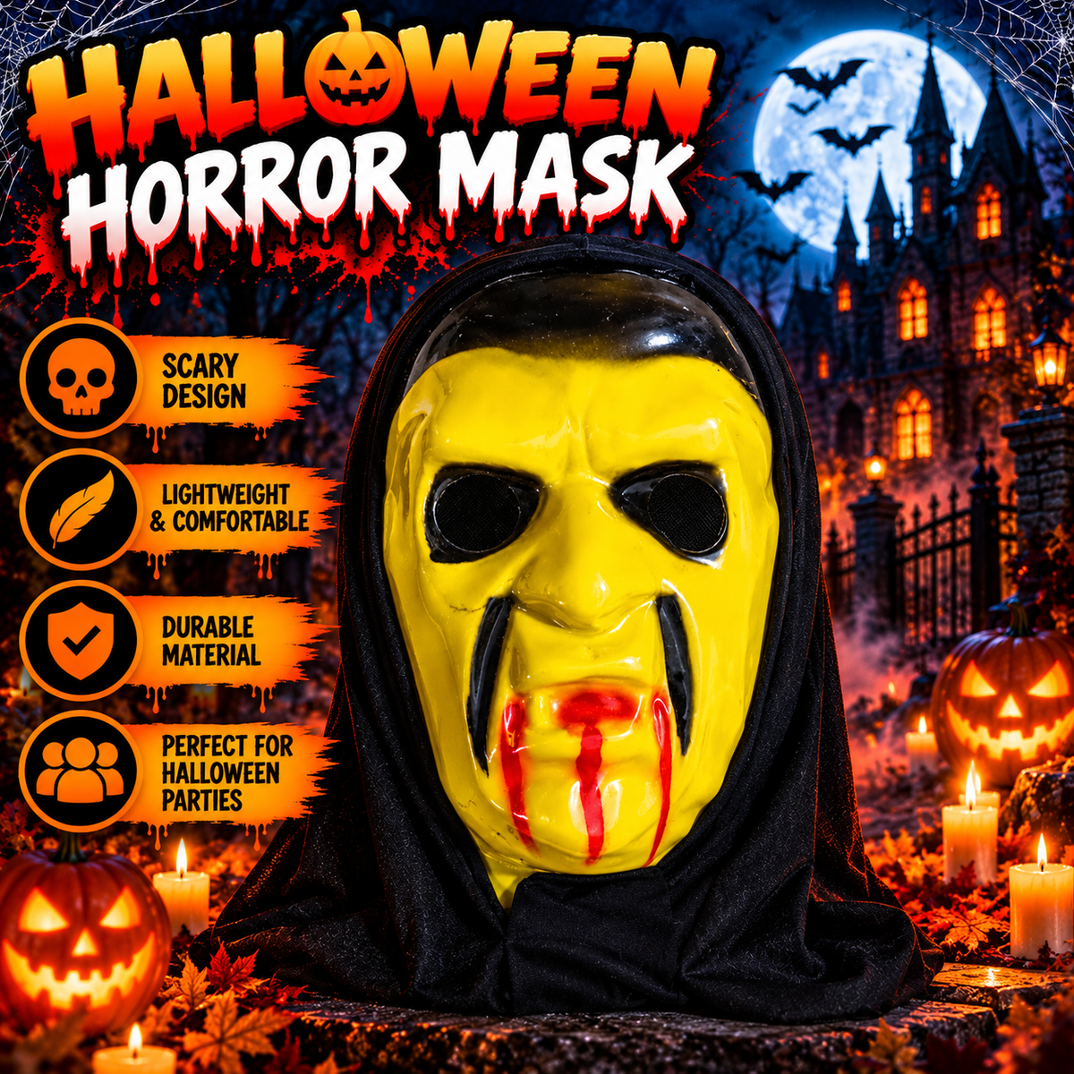 Yellow Vampire Halloween Mask with Black Hood