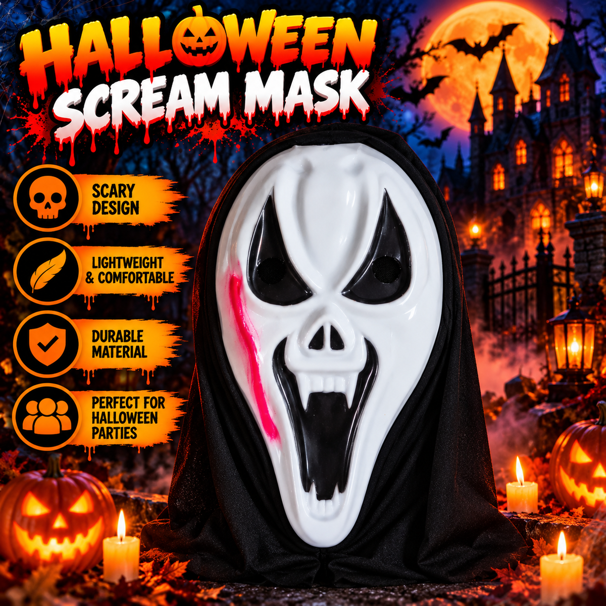 White Skull Halloween Mask with Black Hood