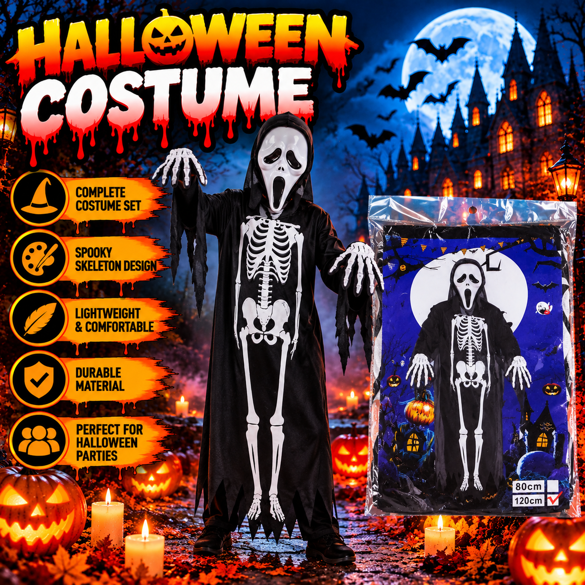 Kids Halloween Skeleton Ghost Costume – Black Robe, 120 cm