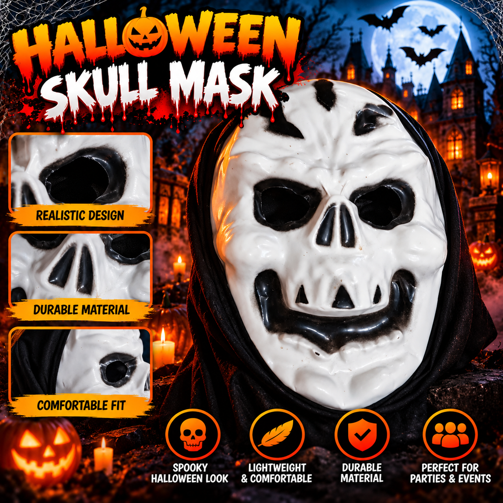 Skull Face Halloween Mask with Black Hood