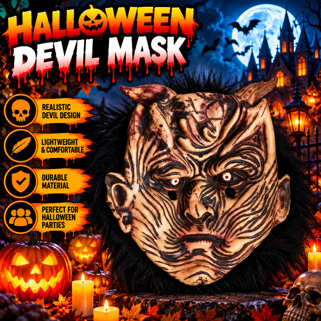 Demon Devil Halloween Mask with Horns & Black Fur