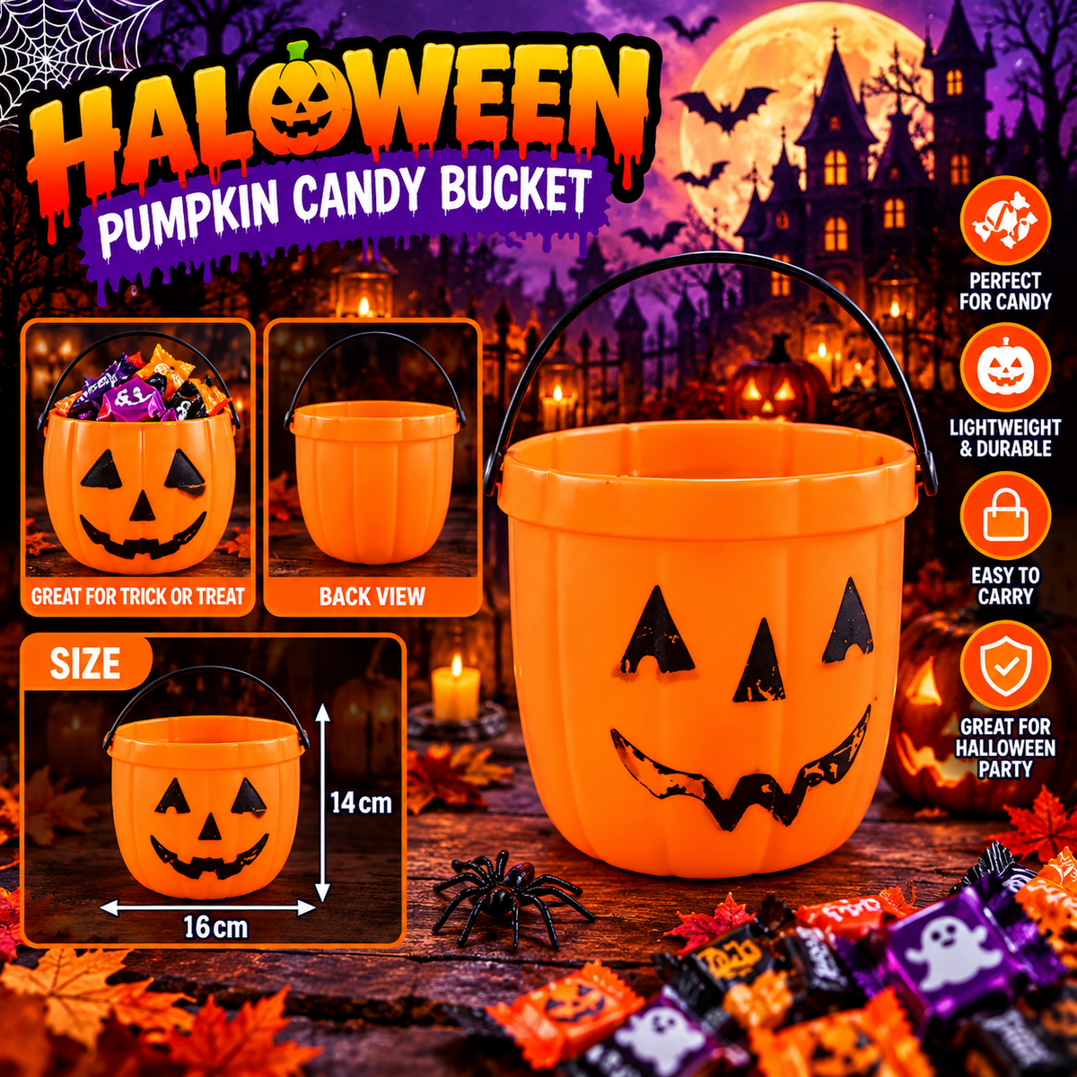Halloween Pumpkin Treat Bucket with Handle – Orange Jack