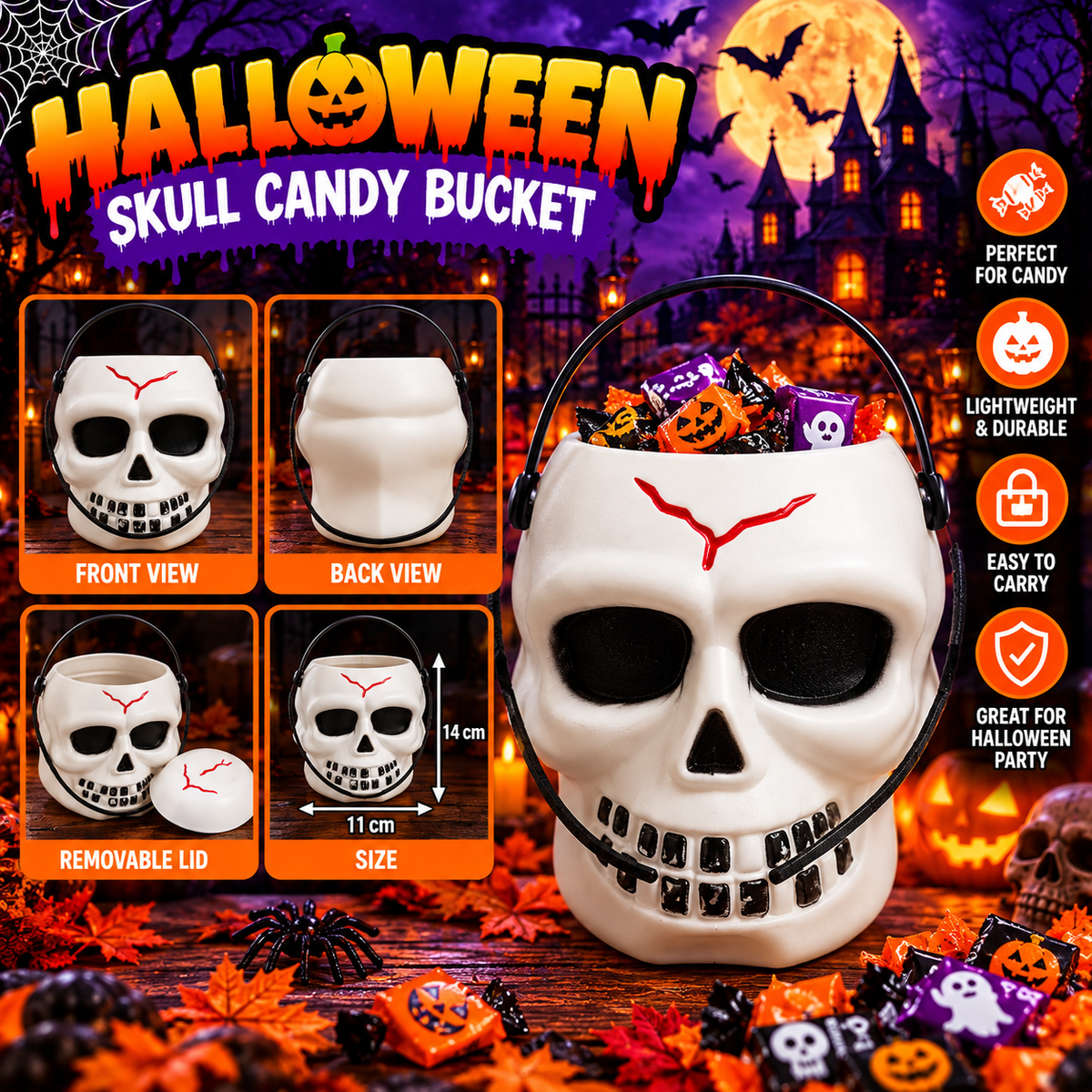 Halloween Skull Candy Bucket with Handle – White Skeleton Treat Bucket