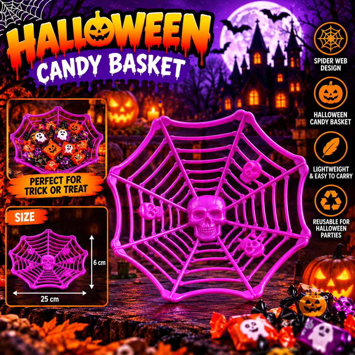 Halloween Spider Web Decoration with Skull & Spider – Purple Hanging Decor