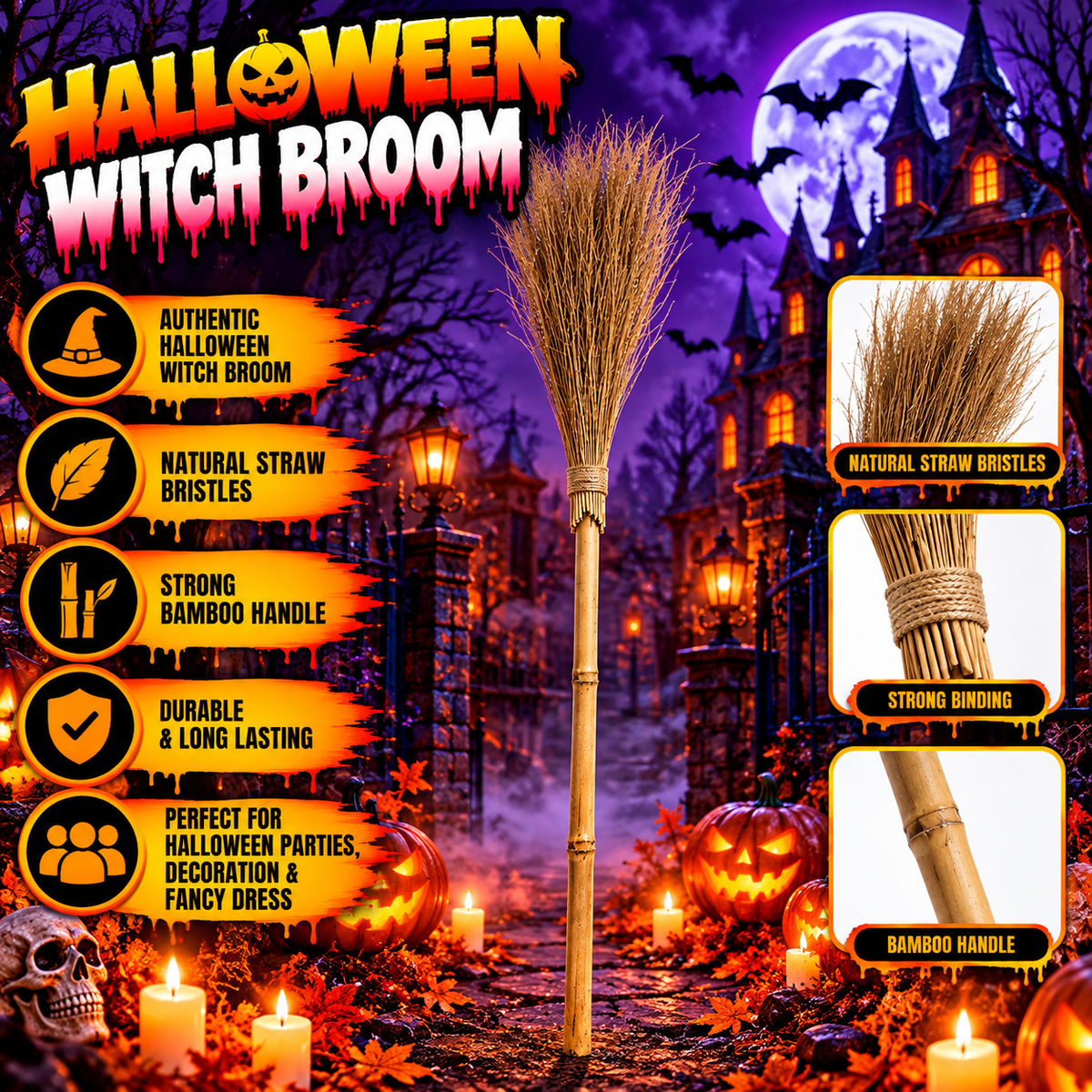 Halloween Witch Broom – Single Piece Costume Accessory