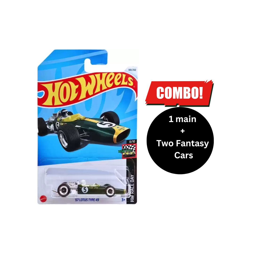 Hot Wheels 1:64 Scale '67 Lotus Type 49 Combo (1 main + 2 fantasy Car Free)