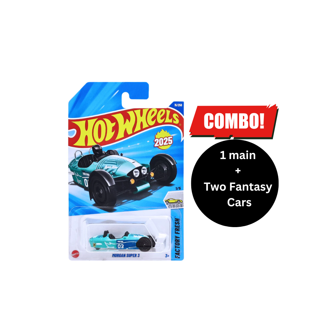 Hot Wheels 1:64 Scale Morgan Super 3 Combo (1 main + 2 fantasy Car Free)