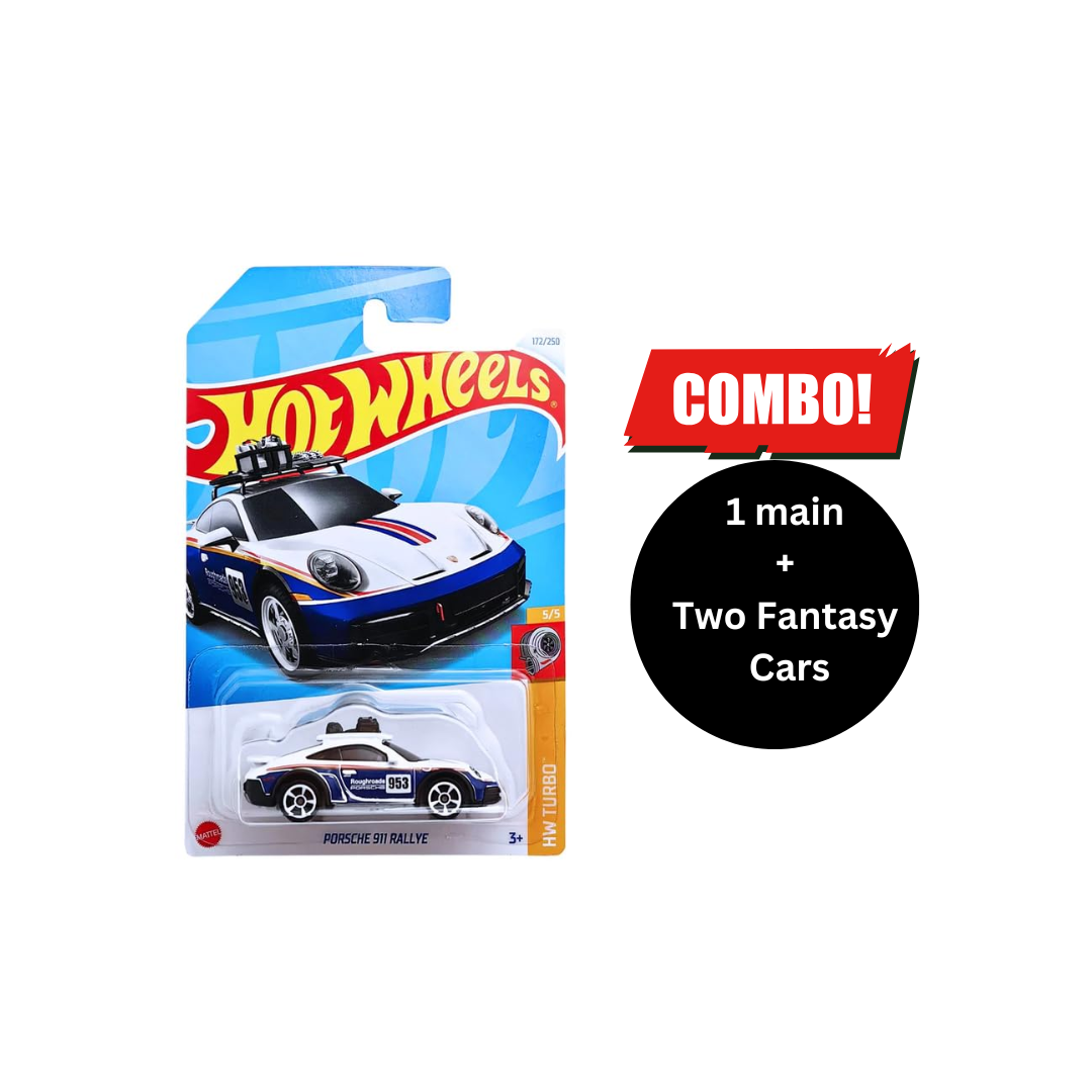 Hot Wheels 1:64 Scale Porsche 911 Rallye Combo (1 main + 2 fantasy Car Free)