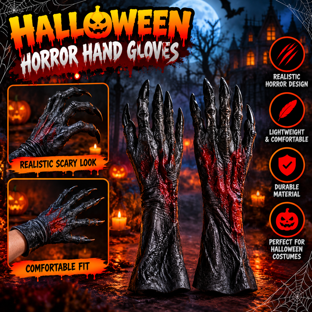 Halloween Horror Claw Hand Prop – Black & Red Spooky Decoration