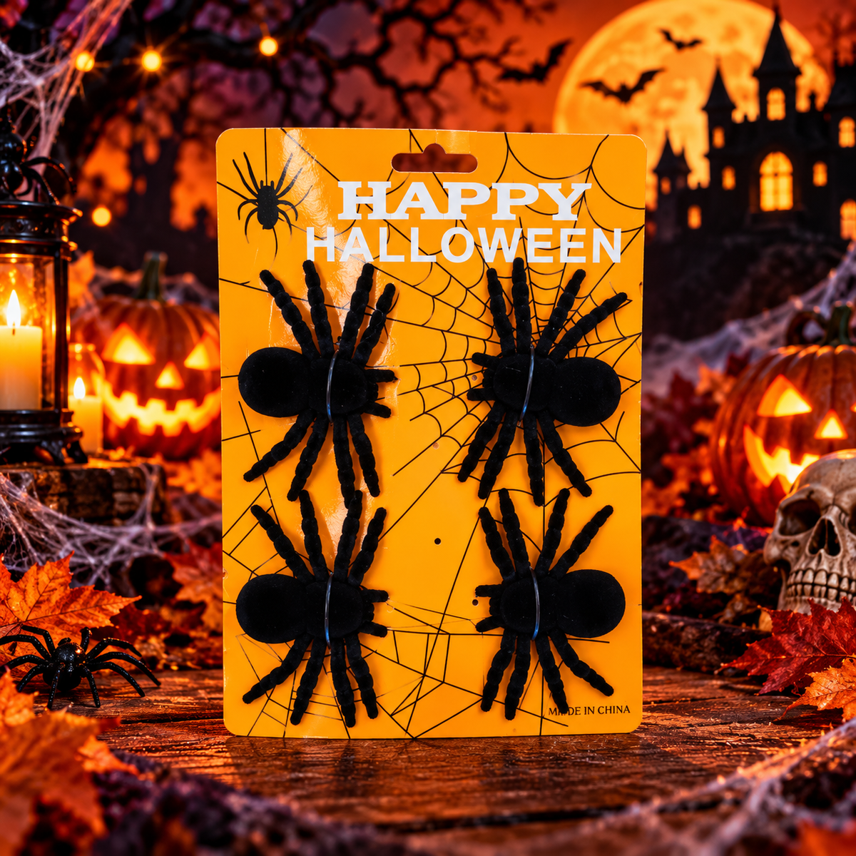 Halloween Black Spiders Decoration Set | 4 Pieces Spooky Spider Props for Halloween Parties