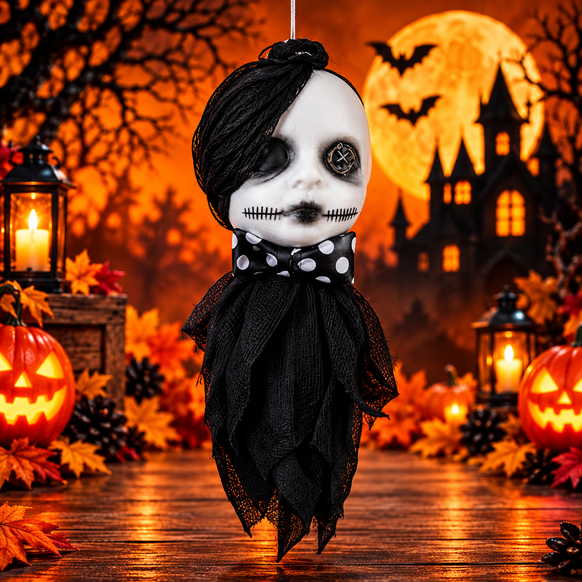 Halloween Creepy Doll Hanging Prop | Scary Black & White Ghost Doll Decoration