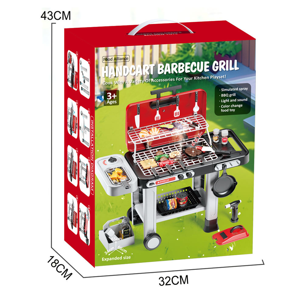 Food Allince Kitchen Play Set Plastic Simulation Handcart BBQ Grill with Electric Flat Grills & Spray Real Cooking Playset