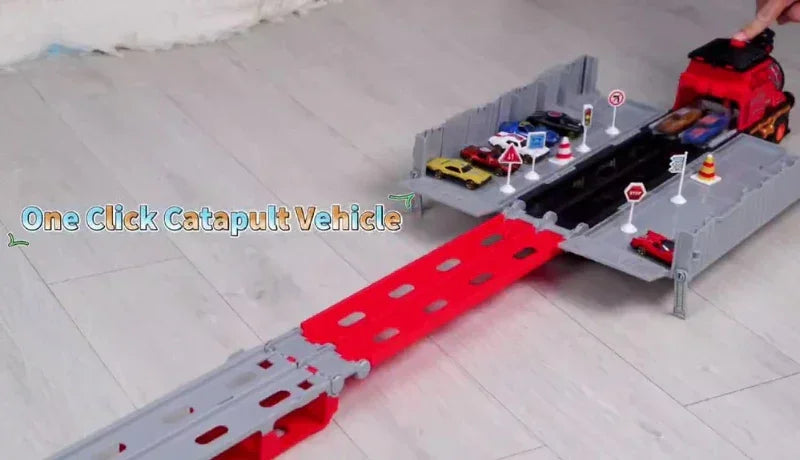Ejection Car Super Large Foldable Train Car Storage Track Set with 8 Mini Diecast Cars – 2.48M Racing Playset for Kids