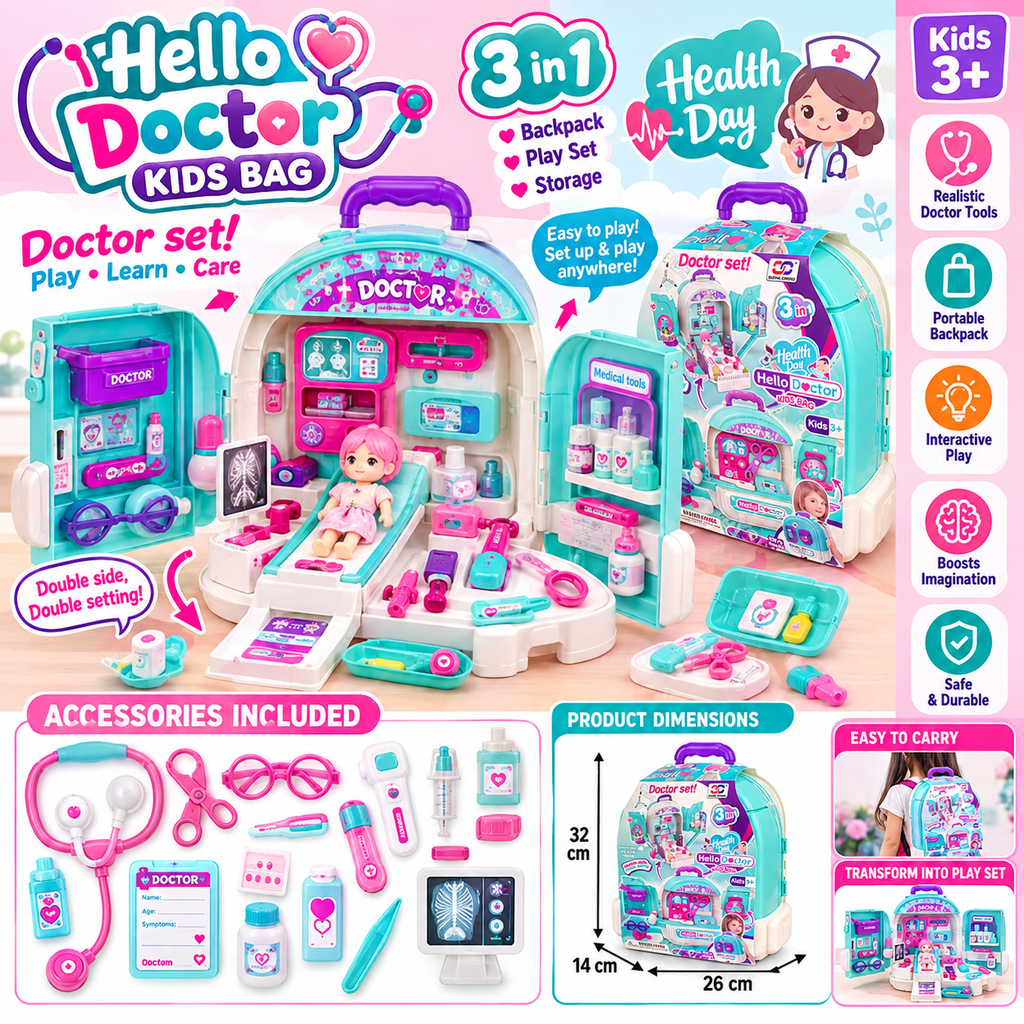 3-in-1 Kids Doctor Play Set Backpack | Portable Medical Kit & Hospital Pretend Play Set | 3+ Years