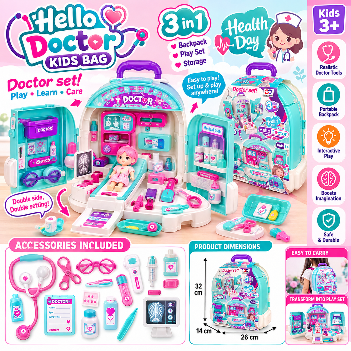 3-in-1 Kids Doctor Play Set Backpack | Portable Medical Kit & Hospital Pretend Play Set | 3+ Years