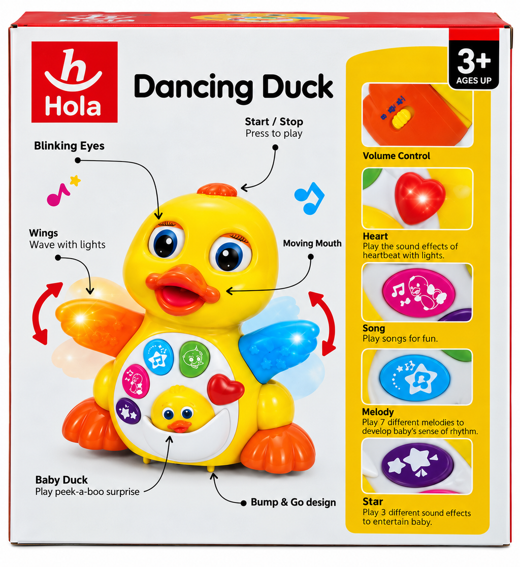 Hola Dancing Duck Musical Crawling Toy for Babies Ages 6-36 Months | Interactive Learning Duck with Music, Lights & 2 Play Modes