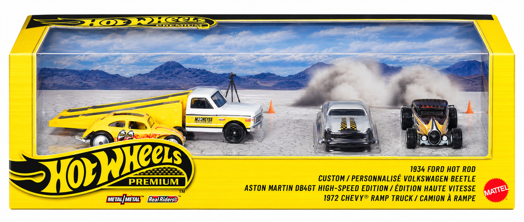 Hot Wheels Premium Collector 4-Vehicle Set | 1934 Ford Hot Rod, Custom Volkswagen Beetle, Aston Martin DB4GT & 1972 Chevy Ramp Truck