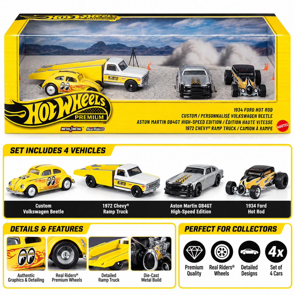 Hot Wheels Premium Collector 4-Vehicle Set | 1934 Ford Hot Rod, Custom Volkswagen Beetle, Aston Martin DB4GT & 1972 Chevy Ramp Truck