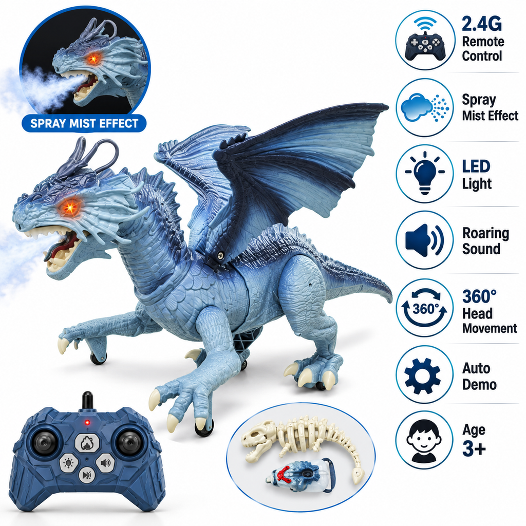 2.4G Remote Control Flying Dragon Dinosaur Toy with Spray Mist, Lights & Sound Assorted Color
