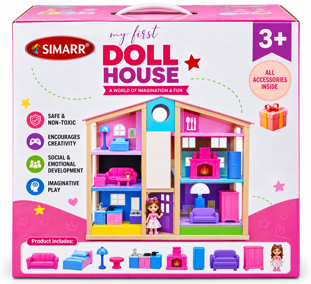 Simarr My First Doll House Playset with Doll & Accessories | Wooden Pretend Play House for Kids | 3+ Years