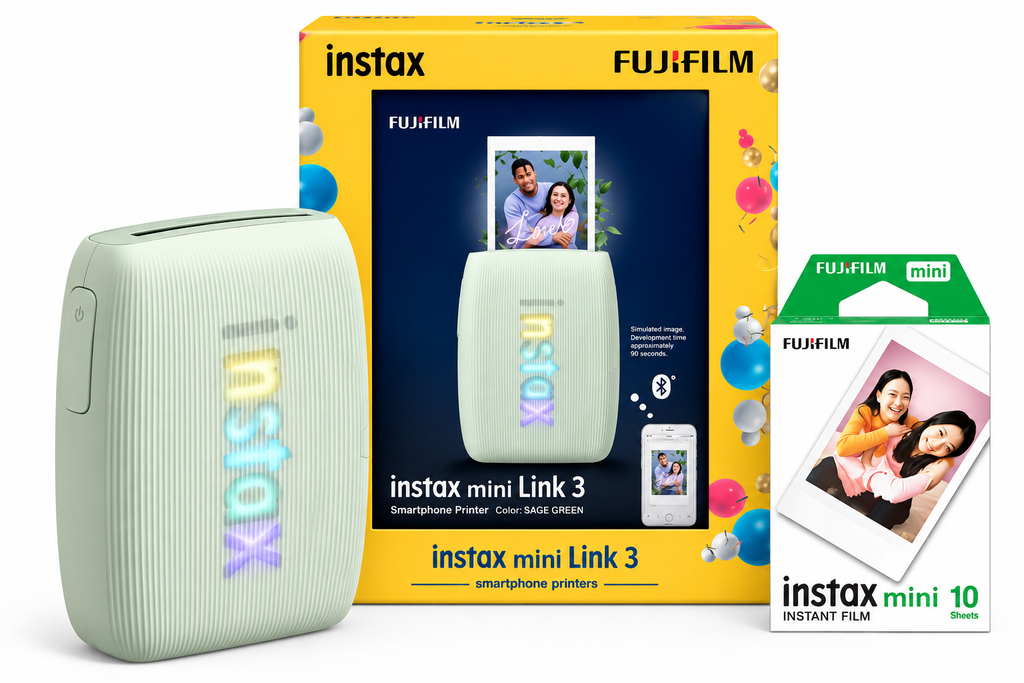 Fujifilm Instax Mini Link 3 Smartphone Photo Printer Starter Kit – Sage Green with 10-Sheet Instax Mini Film