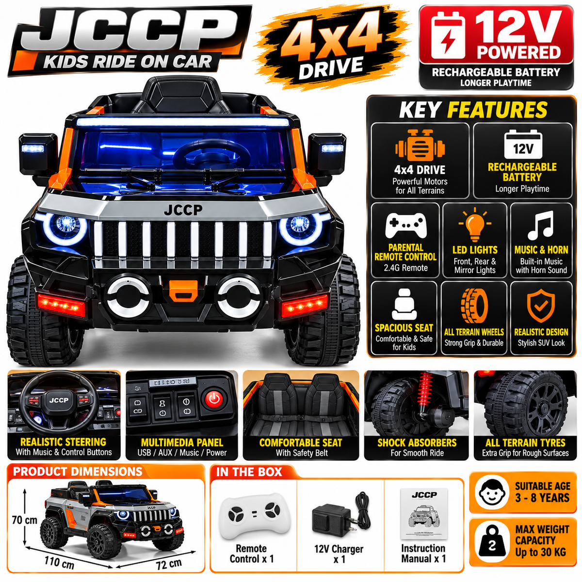 JCCP 4x4 Kids Electric Ride-On Jeep | 12V Battery Operated Off-Road Car with LED Lights